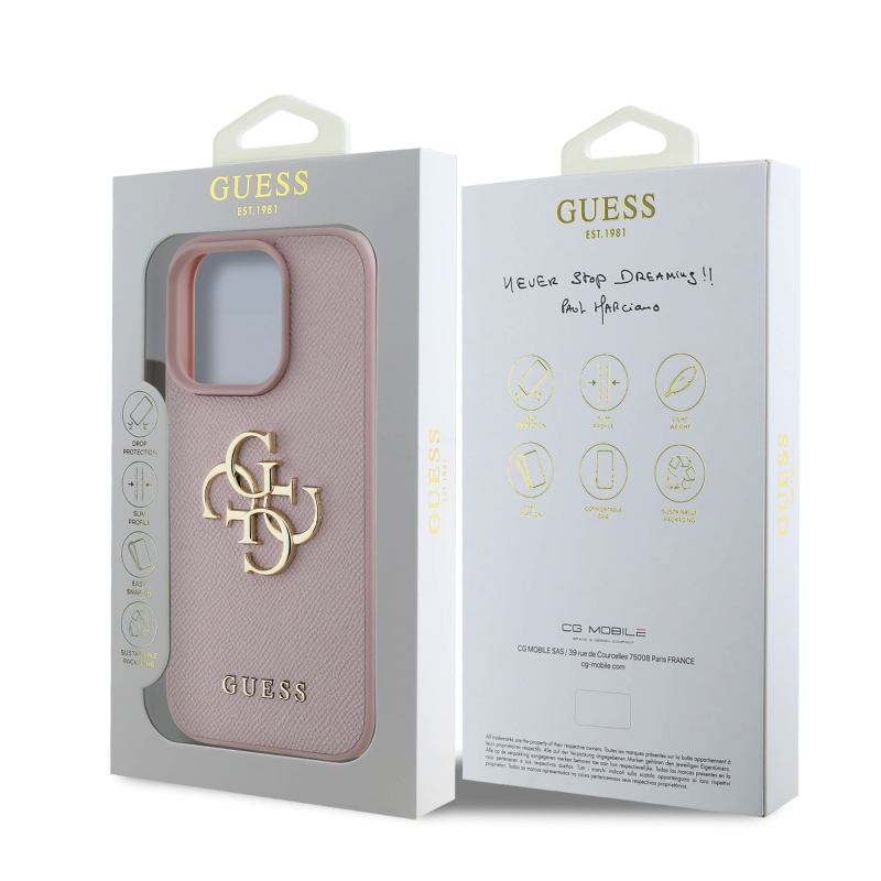 Guess PU Grained 4G Metal Logo Zadný Kryt pre iPhone 15 Pro Pink