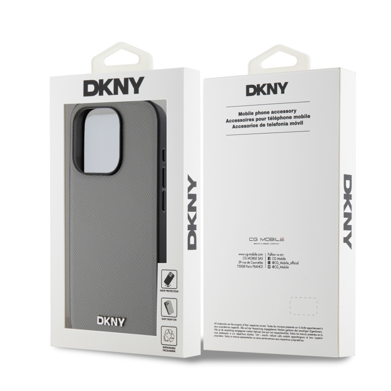 DKNY PU Leather Silver Metal Logo Magsafe Zadný Kryt pre iPhone 15 Pro Grey