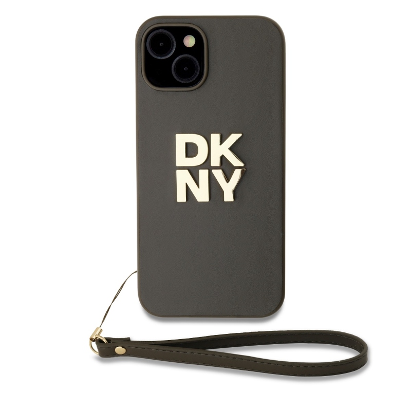 DKNY PU Leather Stack Logo Wrist Strap Zadný Kryt pre iPhone 15 Brown