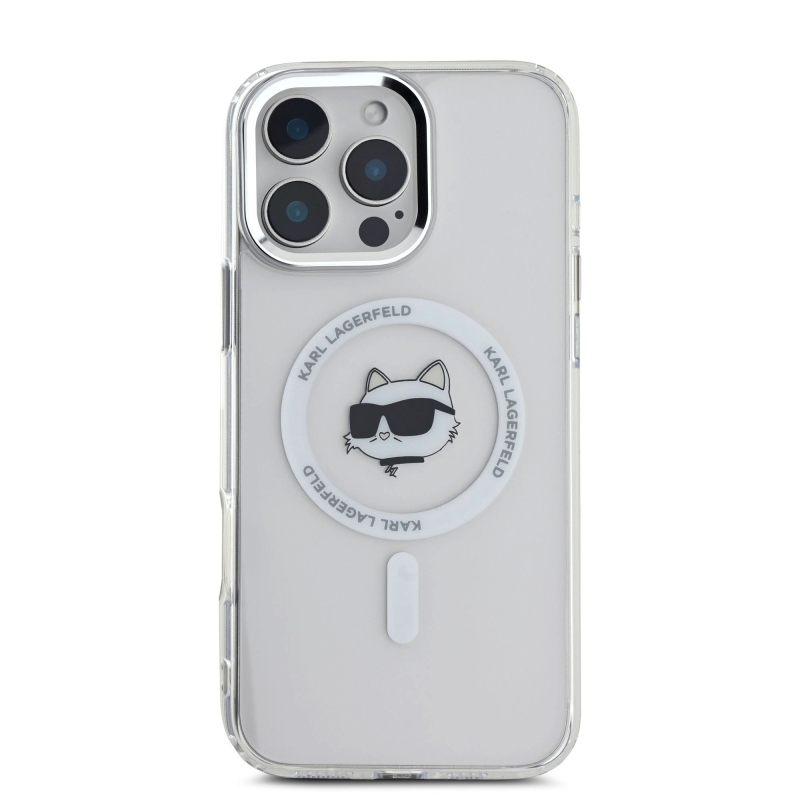 Karl Lagerfeld IML Chúpte Head Metal Frame MagSafe Zadný Kryt pre iPhone 16 Pro Transparent