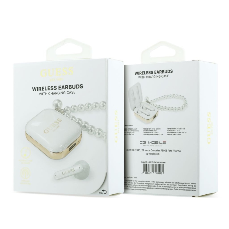 Bezdrôtové slúchadlá Guess Pearl Strap TWS, biele