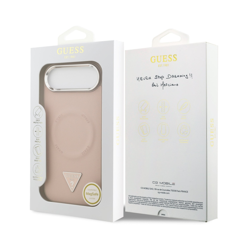 Guess PU kožený zadný kryt MagSafe s trojuholníkovým logom pre iPhone Air Pink