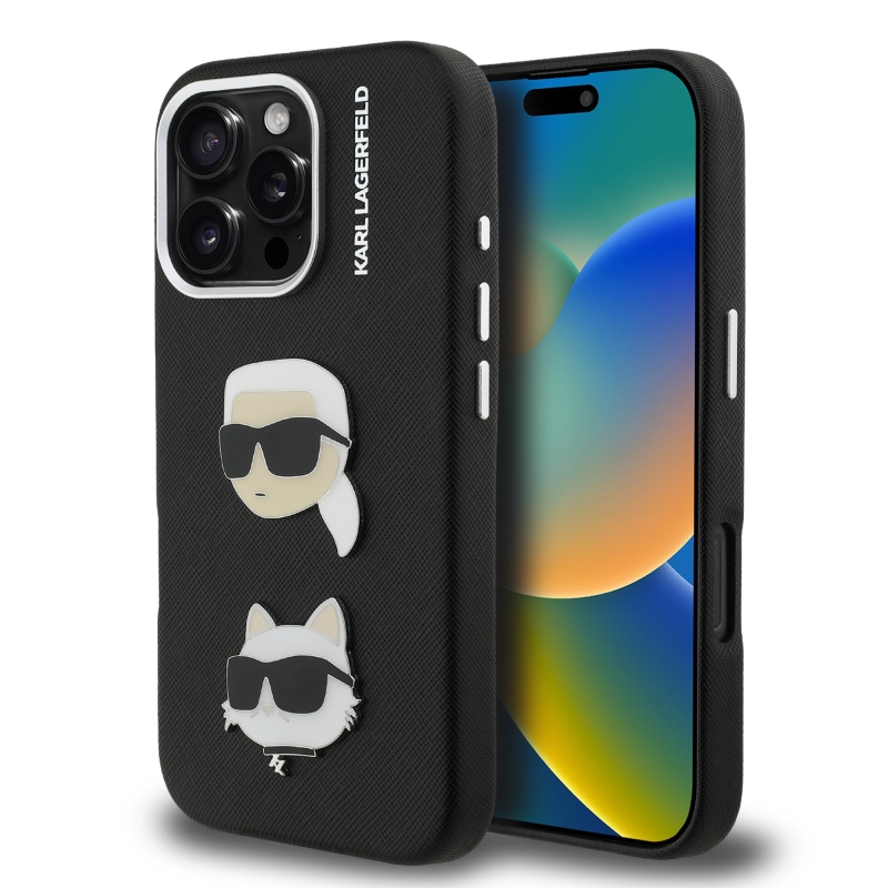 Karl Lagerfeld Grained PU K&CH Heads Zadný Kryt pre iPhone 16 Pro Black