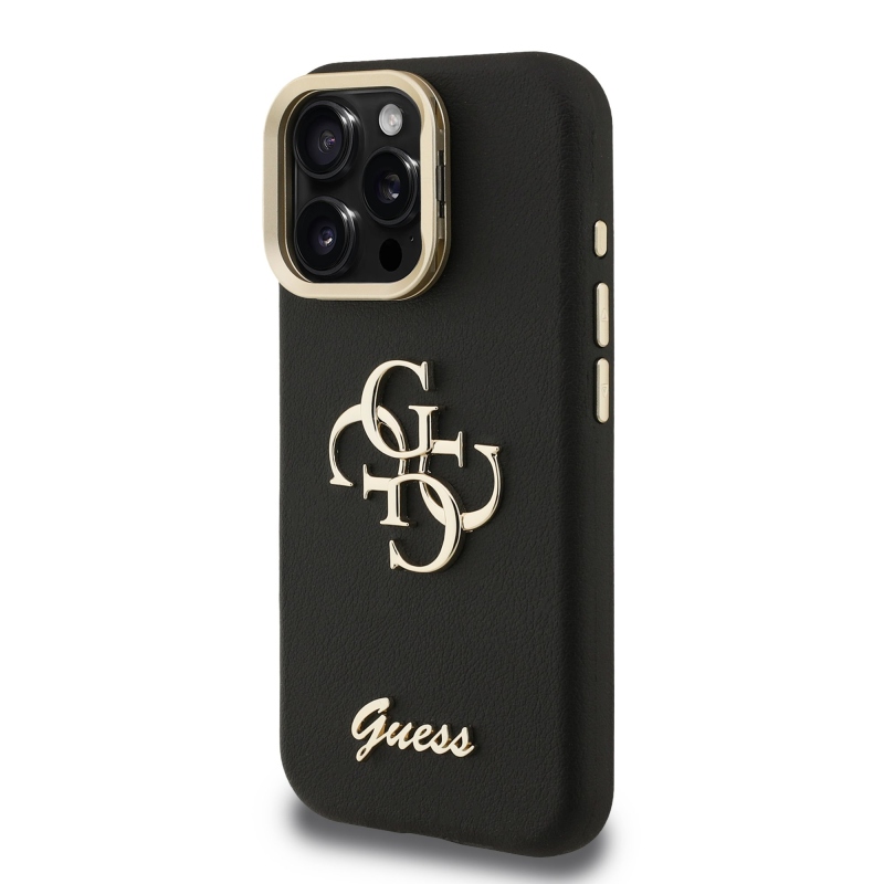 Guess PU Grained 4G Logo Stand Camera Frame Zadný Kryt pre iPhone 16 Pro Max Black