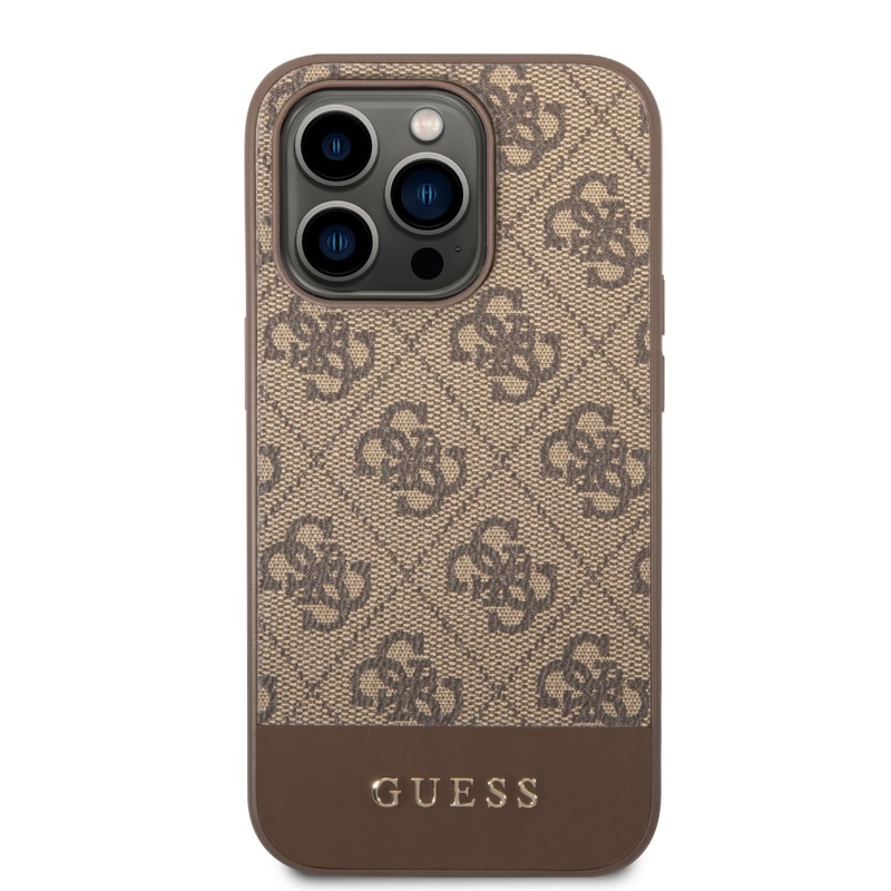 Guess PU 4G Stripe Zadný Kryt pre iPhone 14 Pro Brown