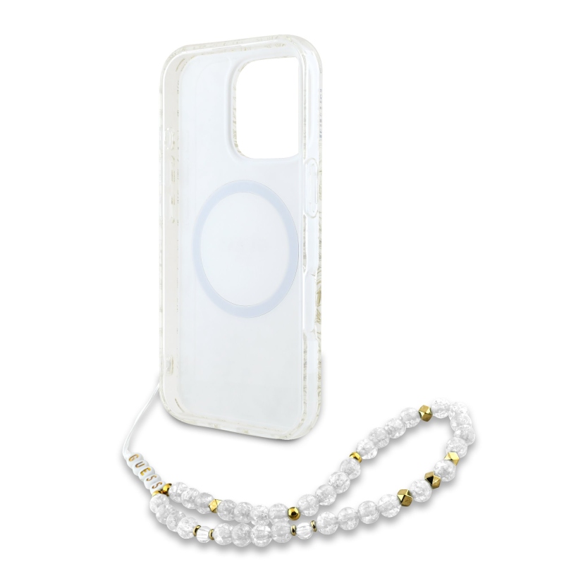 Guess IML Flowers Allover Strap MagSafe Zadný Kryt pre iPhone 16 Pro Max White