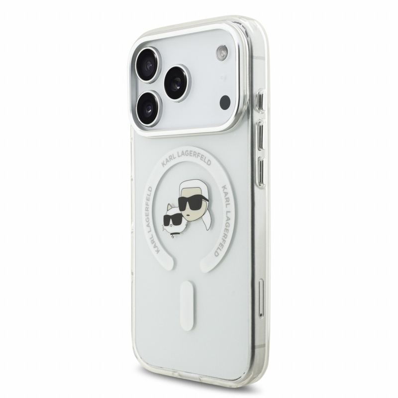 Karl Lagerfeld IML K&CH Heads kovový rám MagSafe zadný kryt pre iPhone 18 Pro, biely