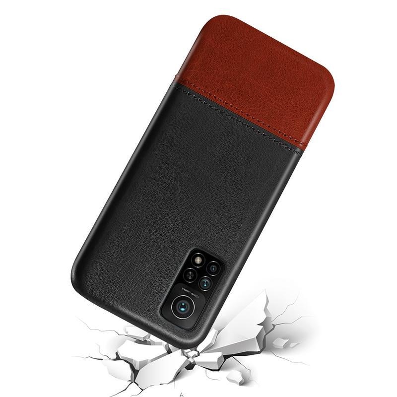 KSQ plastový kryt potiahnutý PU kožou pre mobil Xiaomi Mi 10T Pro 5G - čierny / hnedý