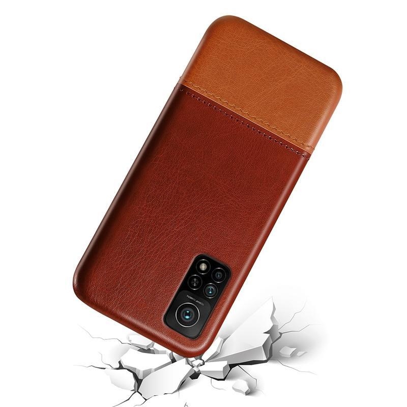 KSQ plastový kryt potiahnutý PU kožou pre mobil Xiaomi Mi 10T Pro 5G - tmavohnedý / svetlohnedý