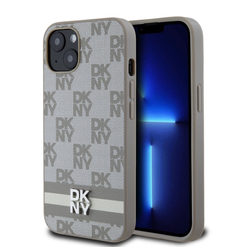 DKNY PU Leather Checkered Pattern and Stripe Zadný Kryt pre iPhone 13 Beige