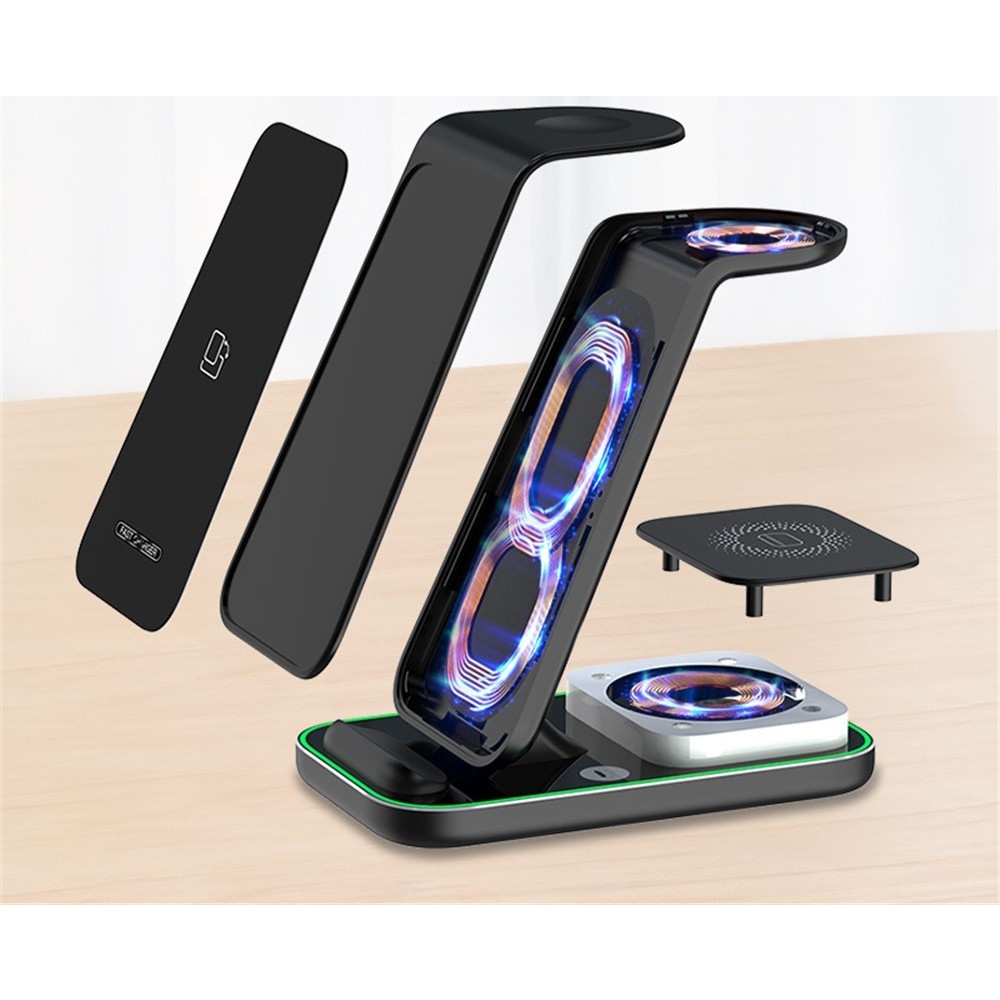 YF-A6 bezdrôtová nabíjacia stanica 3v1 15W s nočným svetlom - čierna