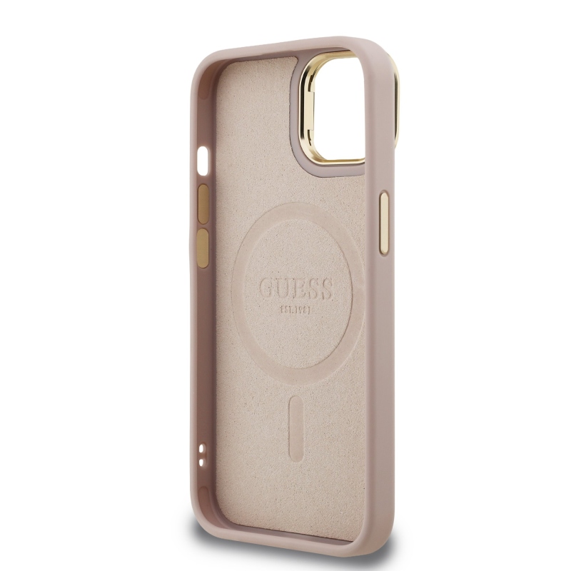 Guess PU 4G Strass Triangle Logo Stand Camera Frame MagSafe Zadný Kryt pre iPhone 14 Pink