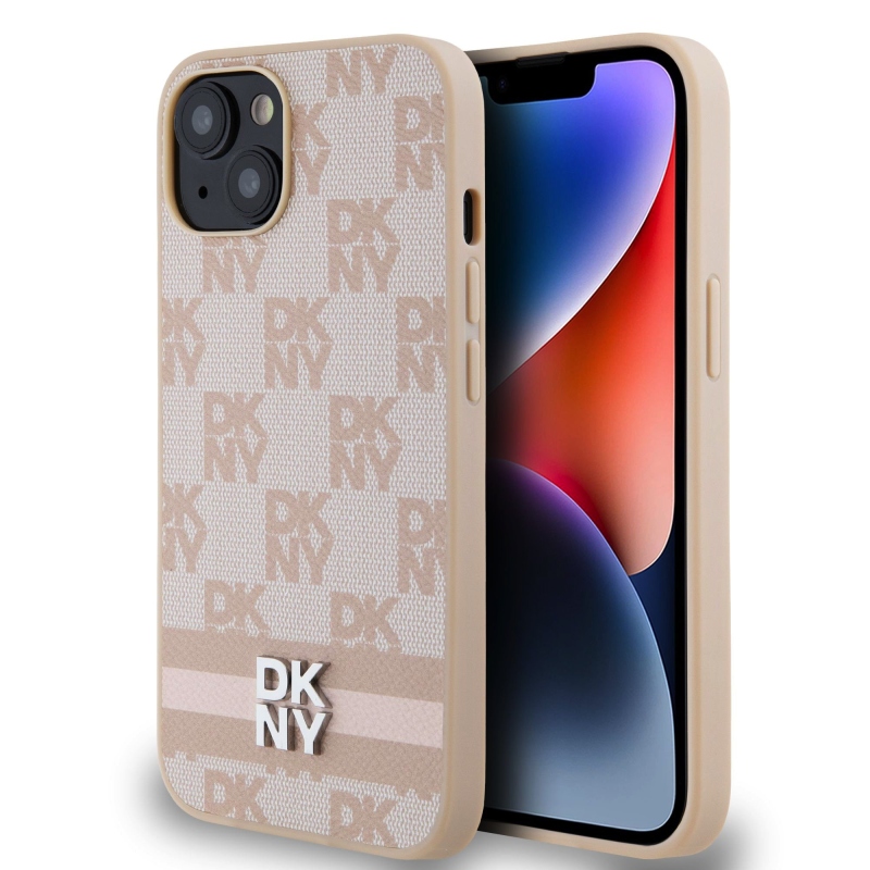 DKNY PU Leather Checkered Pattern and Stripe Zadný Kryt pre iPhone 13 Pink