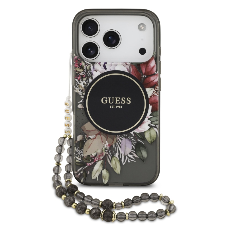 Guess IML Flowers Strap MagSafe zadný kryt pre iPhone 17 Pro Black