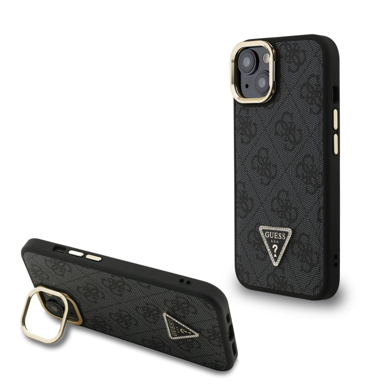 Guess PU 4G Strass Triangle Logo Stand Camera Frame MagSafe Zadný Kryt pre iPhone 14 Black