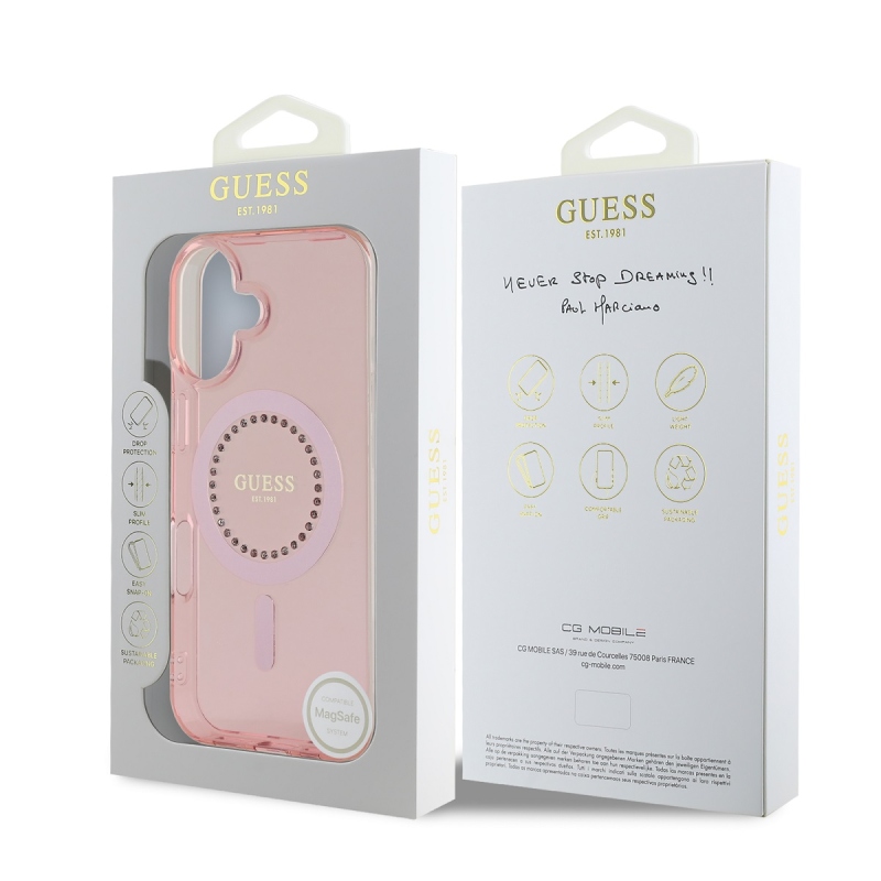 Guess IML Rhinestones Ring MagSafe Zadný Kryt pre iPhone 16 Pink