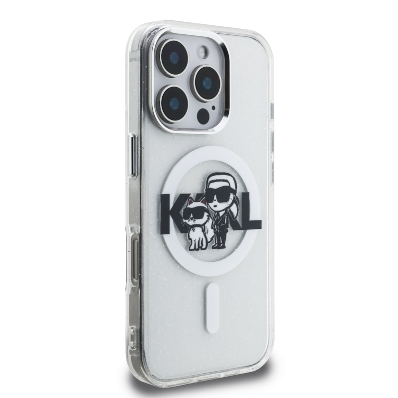 Karl Lagerfeld IML Glitter Karl and Choupette Sketch MagSafe Zadný Kryt pre iPhone 16 Pro Transparent