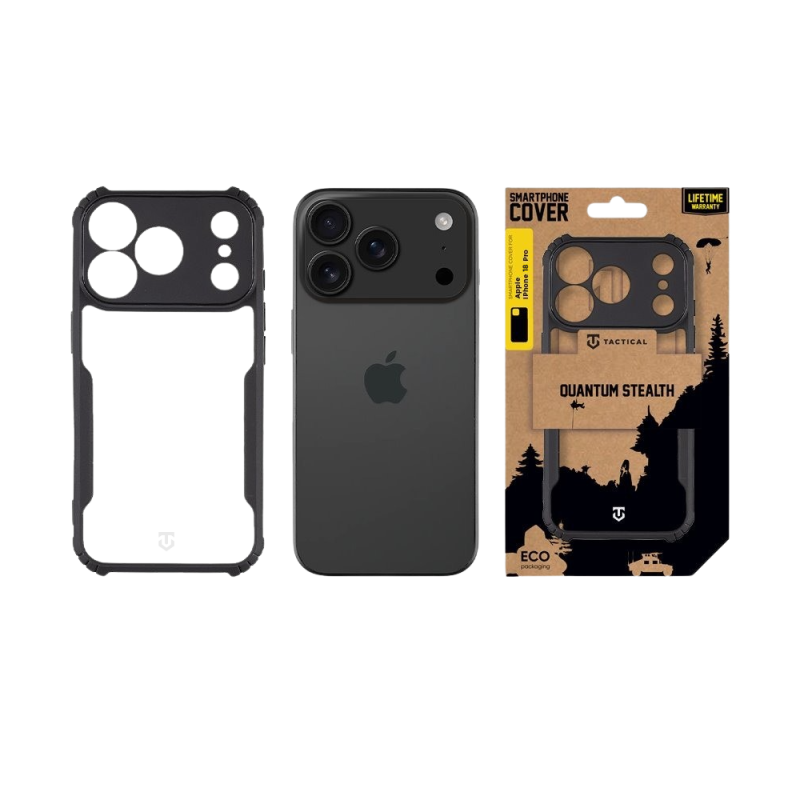 Tactical Quantum Stealth puzdro pre Apple iPhone 18 Pro, priehľadné/čierne