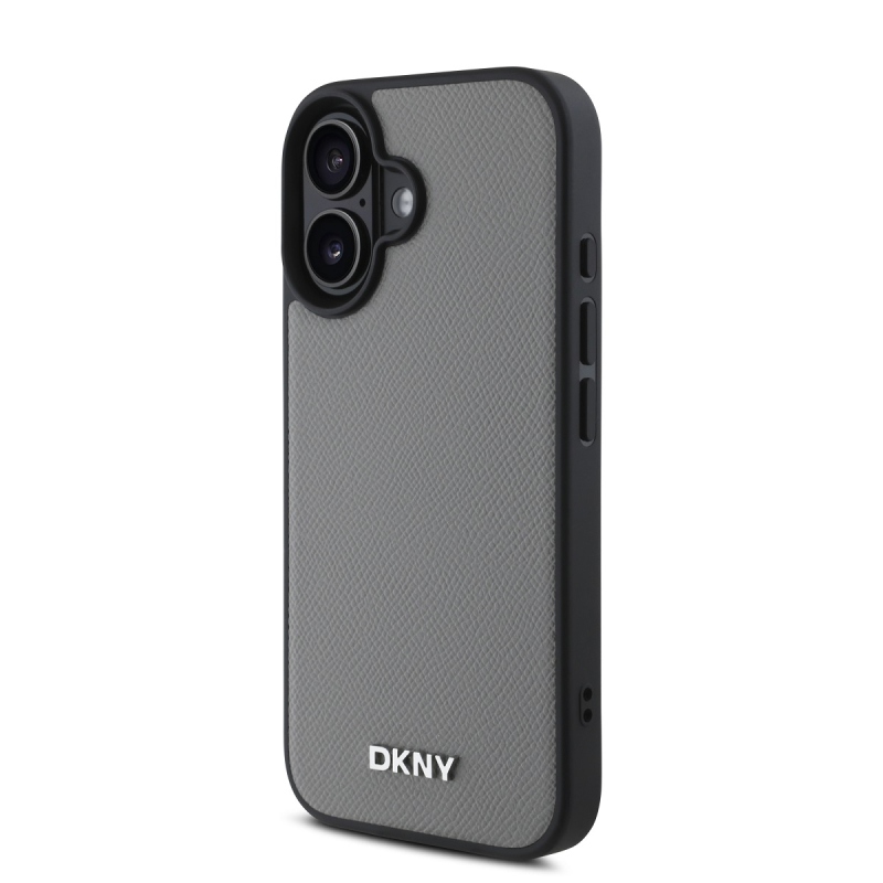DKNY PU Leather Silver Metal Logo Magsafe Zadný Kryt pre iPhone 16 Grey