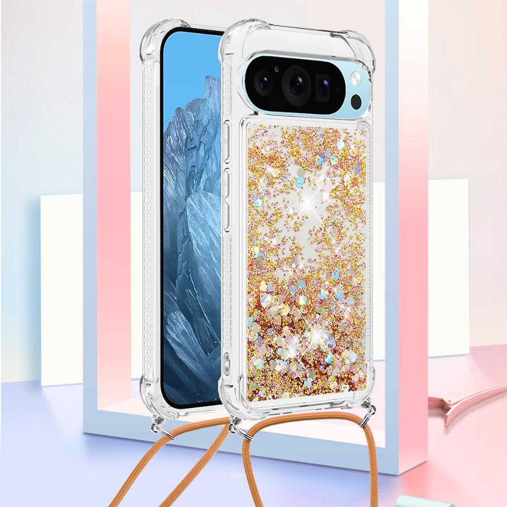 Glitters presýpací gélový obal so šnúrkou na Google Pixel 10 Pro/Pixel 10 - zlatý/srdiečka