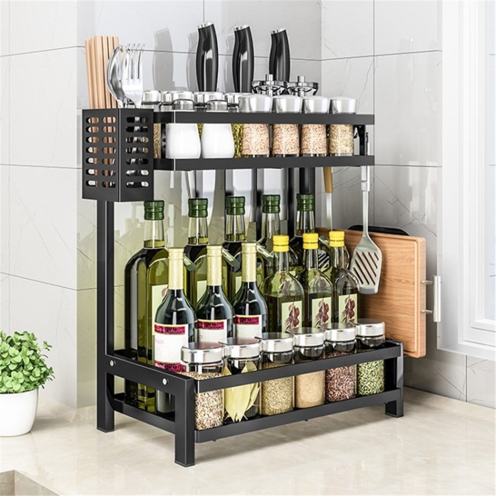 Dvojpodlažný stojan na koreničky a nože z uhlíkovej ocele – čierny