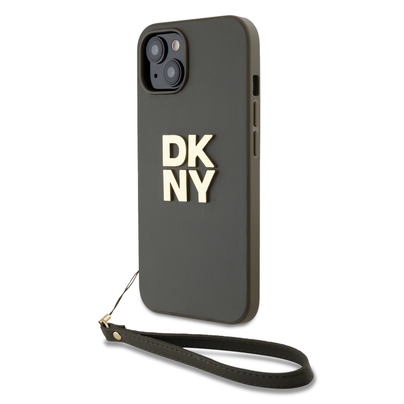 DKNY PU Leather Stack Logo Wrist Strap Zadný Kryt pre iPhone 14 Brown