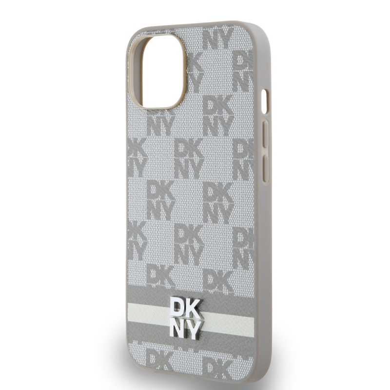 DKNY PU Leather Checkered Pattern and Stripe Zadný Kryt pre iPhone 15 Beige