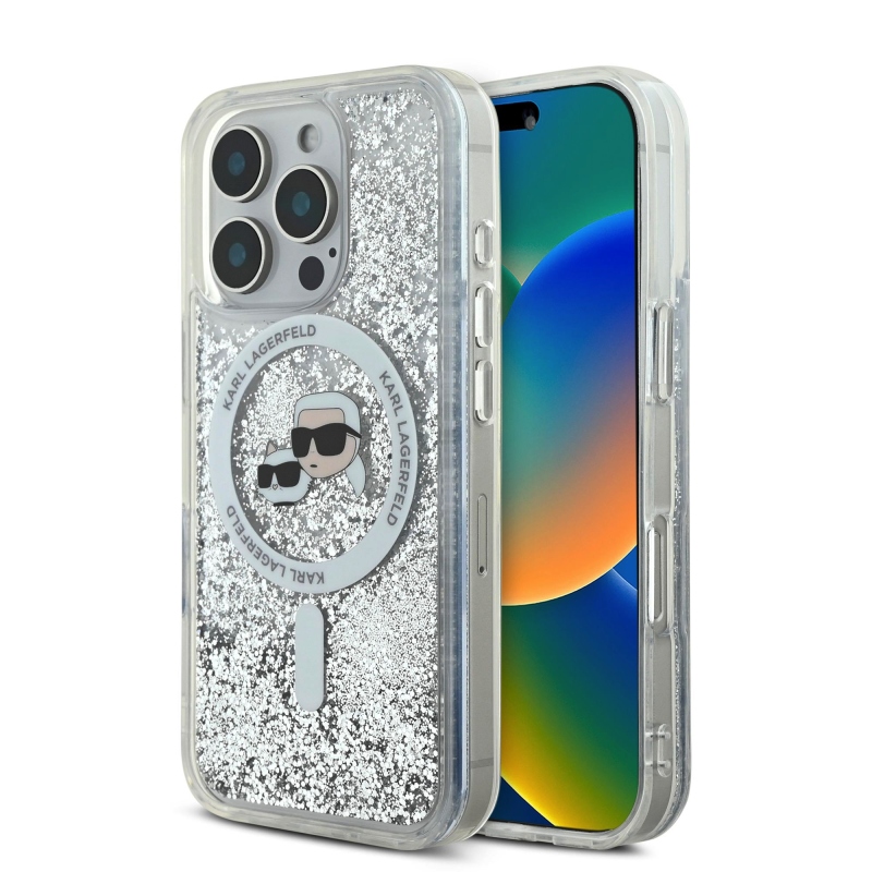 Karl Lagerfeld Liquid Glitter Karl and Choupette Heads MagSafe Zadný Kryt pre iPhone 16 Pro Transparent