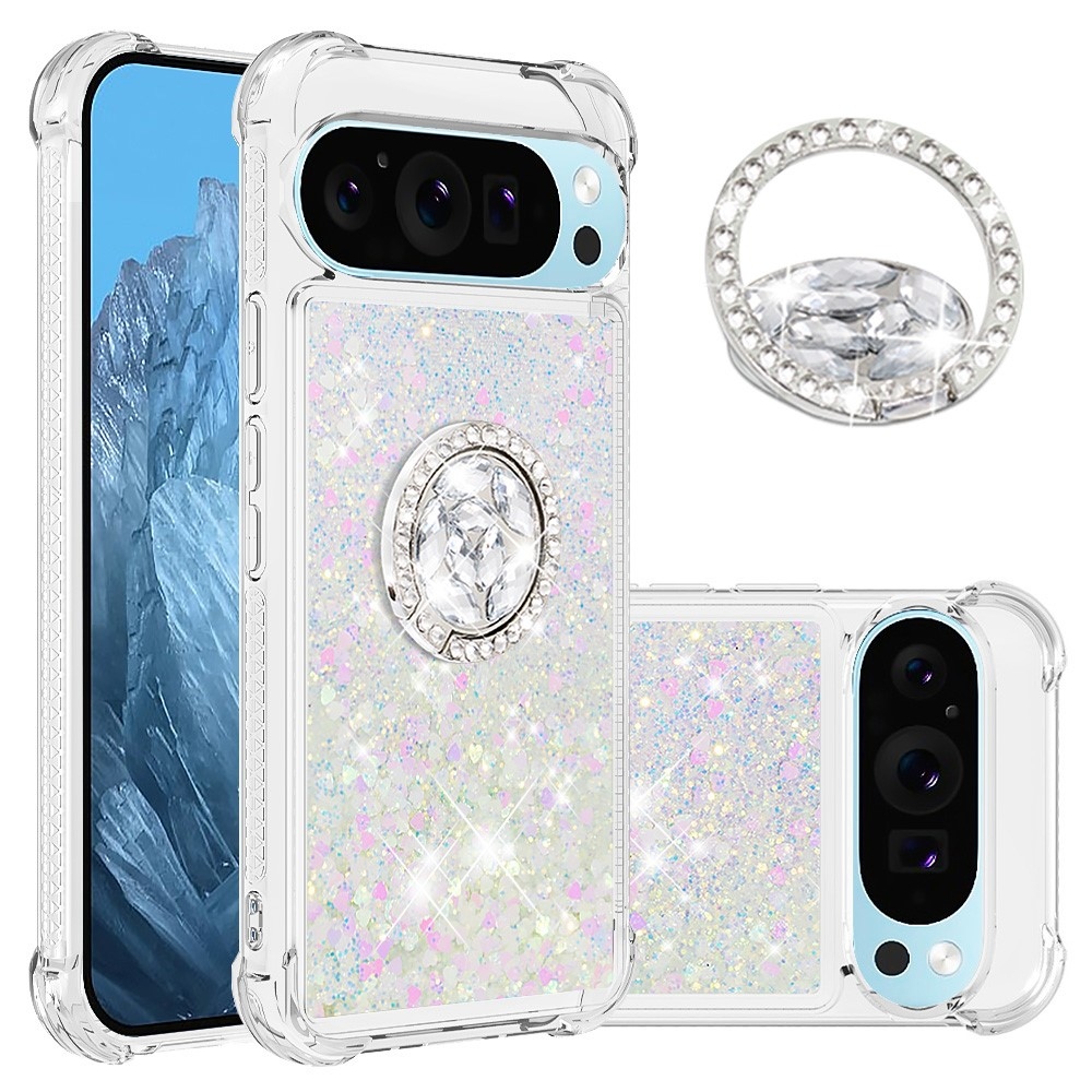 Glitt presýpací gélový obal s krúžkom na prst na Google Pixel 10 - ružovo strieborný/srdiečka