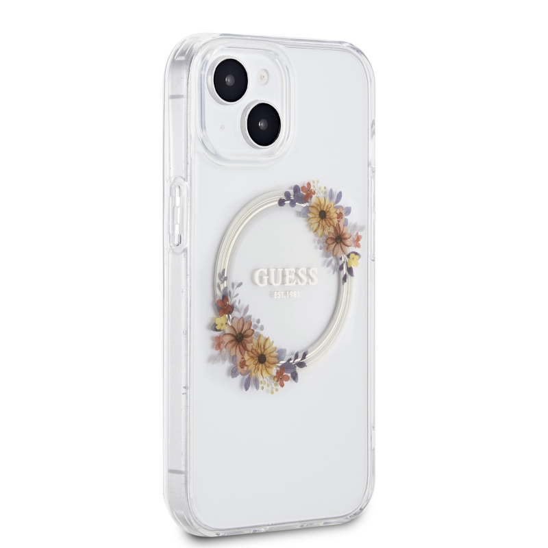 Guess PC/TPU Flowers Ring Glossy Logo MagSafe zadný kryt pre iPhone 15 Plus Transparent