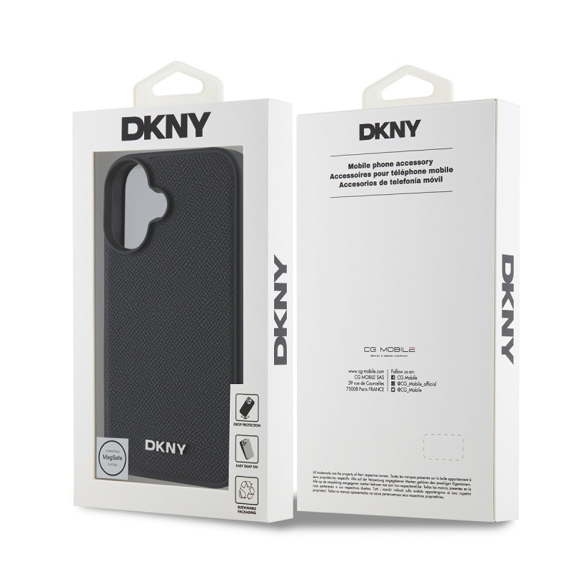 DKNY PU Leather Silver Metal Logo Magsafe Zadný Kryt pre iPhone 16 Plus Black