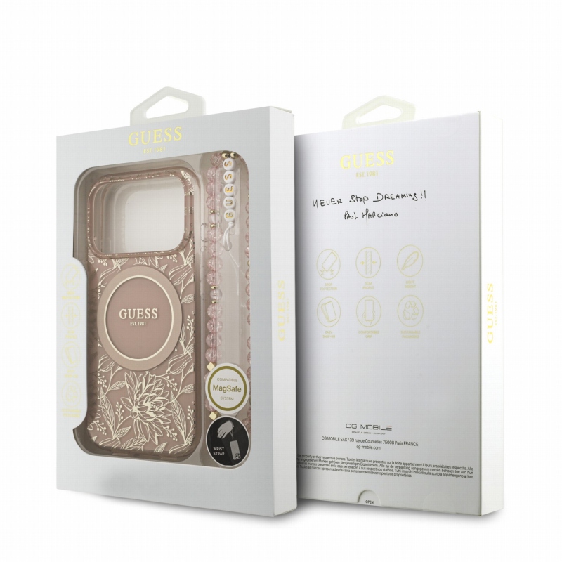 Guess IML Flowers Allover Strap MagSafe zadný kryt pre iPhone 18 Pro, ružový