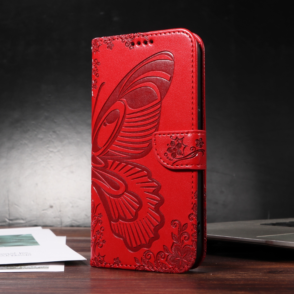 Floral Butterfly knižkové púzdro na iPhone 17 - červené