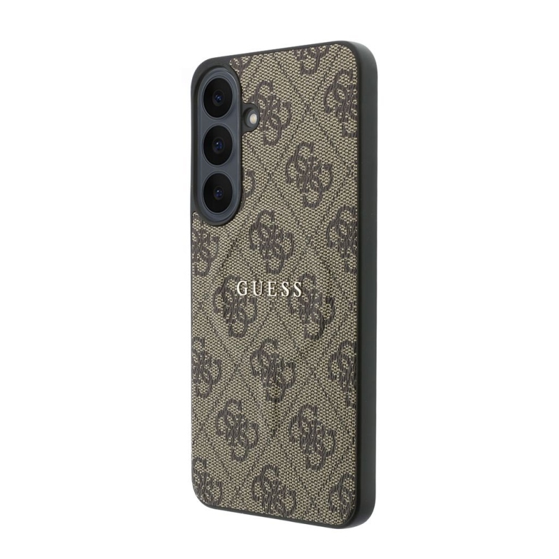 Guess PU koža 4G so zlatým rámom a magnetickým uzáverom – zadný kryt pre Samsung Galaxy S26 FE, hnedý