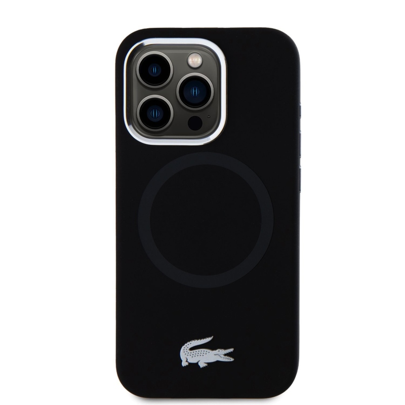 Lacoste Liquid Silicone Microfiber Silver Croc Logo MagSafe Zadný Kryt pre iPhone 15 Pro Black