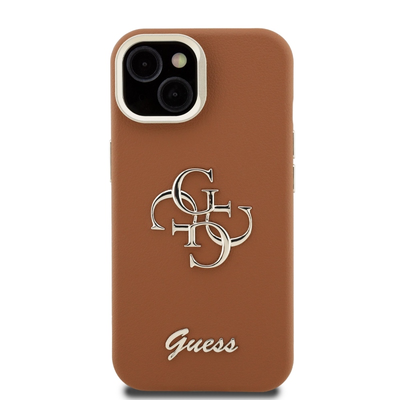 Guess PU Grained 4G Logo Stand Camera Frame Zadný Kryt pre iPhone 14 Brown