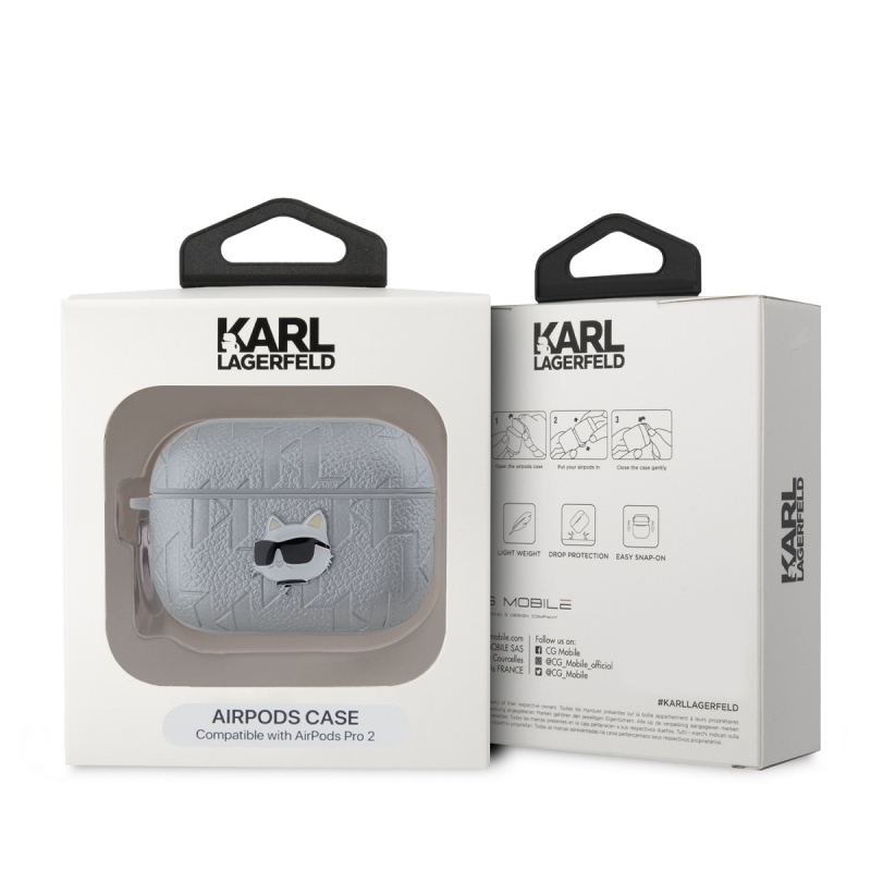 Karl Lagerfeld PU Embossed Choupette Head Puzdro pre AirPods Pro 2 Silver