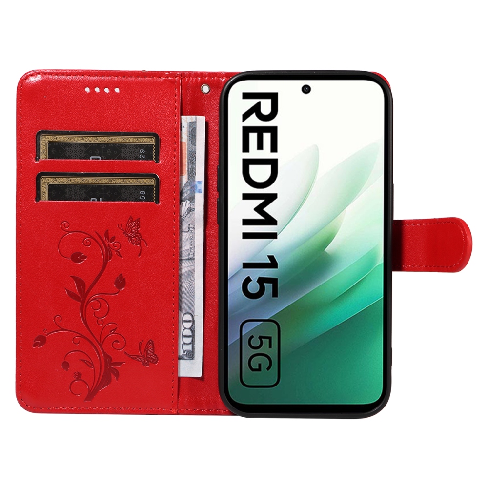 Flowery knižkové puzdro na Xiaomi Redmi 15 4G (171mm) - červené