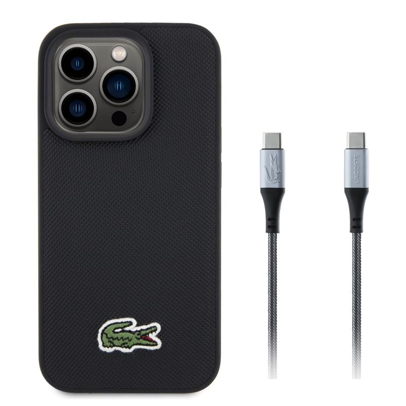 Lacoste Iconic Petit Pique Woven Logo MagSafe zadný kryt pre iPhone 15 Pro Black + dátový kábel USB-C/USB-C