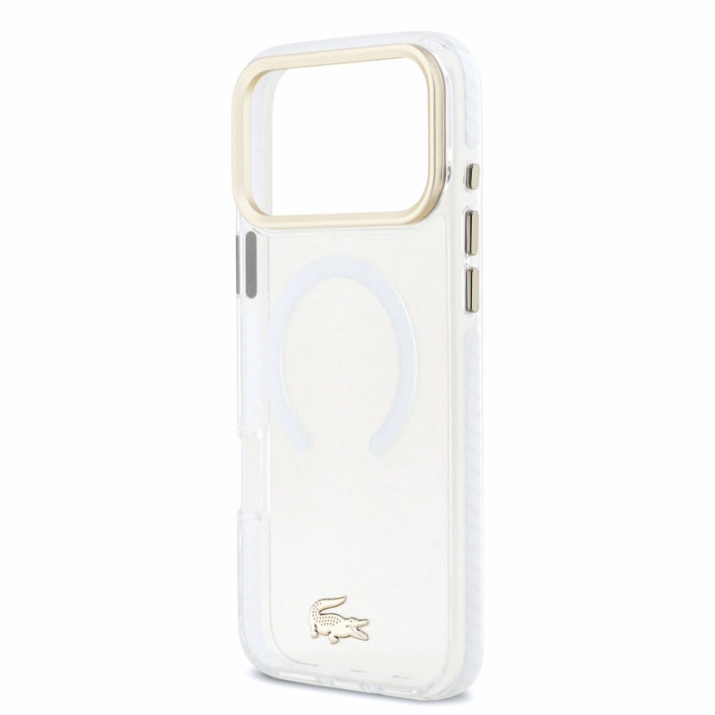 Lacoste IML Shockproof Petit Pique Gold Logo MagSafe zadný kryt pre iPhone 18 Pro Max, priehľadný