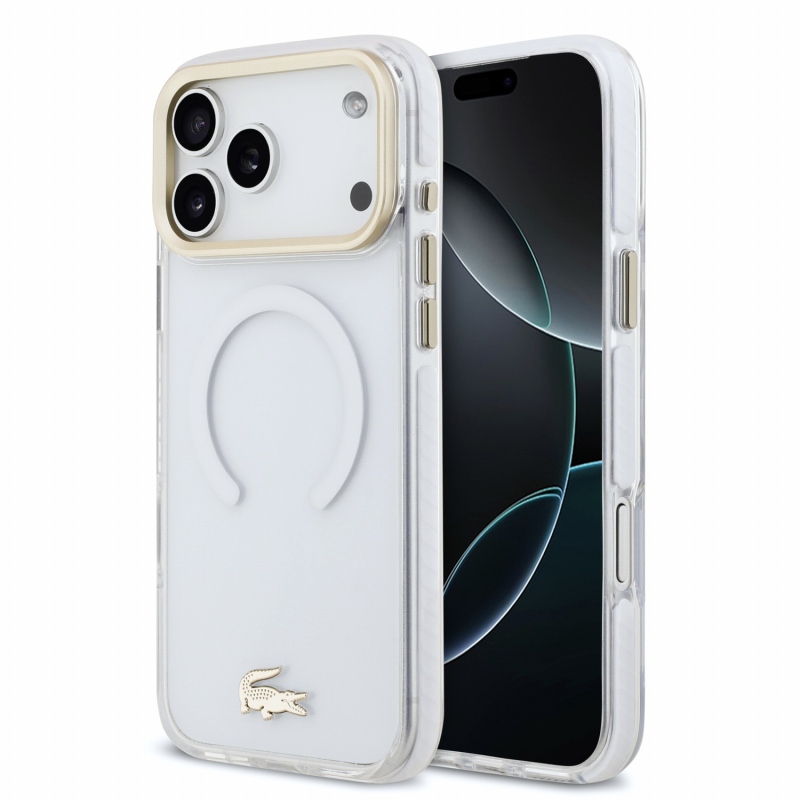 Lacoste IML Shockproof Petit Pique Gold Logo MagSafe zadný kryt pre iPhone 18 Pro Max, priehľadný