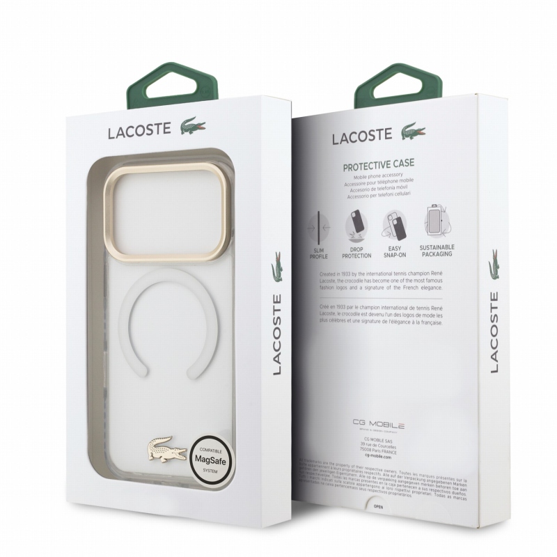 Lacoste IML Shockproof Petit Pique Gold Logo MagSafe zadný kryt pre iPhone 18 Pro, priehľadný