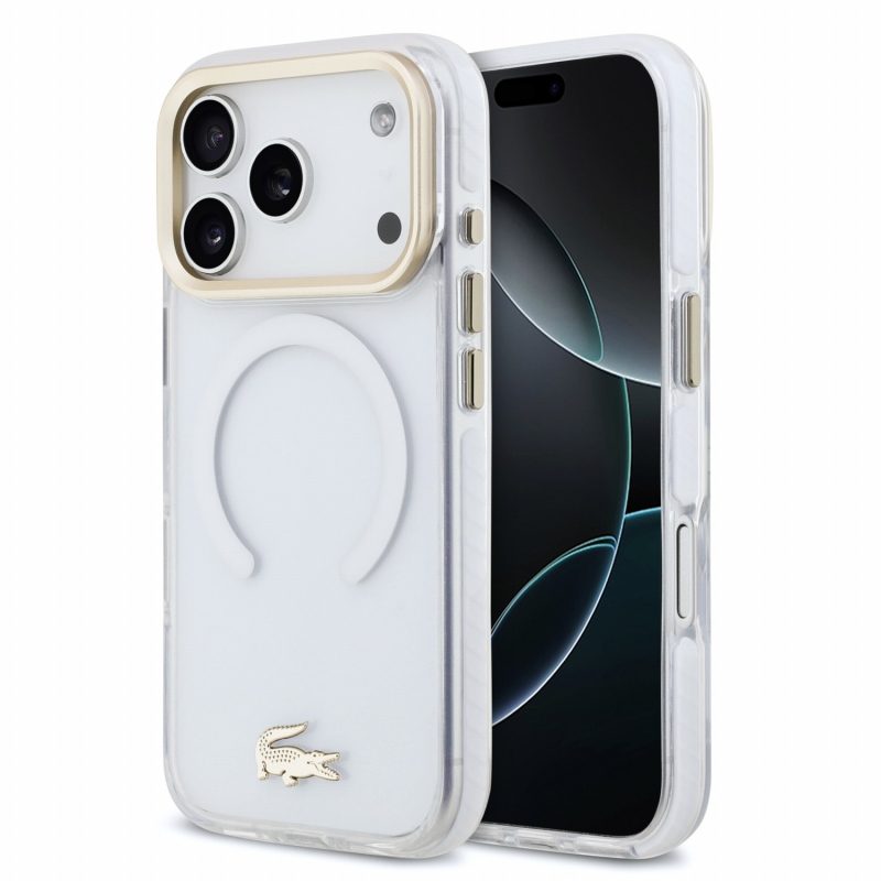 Lacoste IML Shockproof Petit Pique Gold Logo MagSafe zadný kryt pre iPhone 18 Pro, priehľadný
