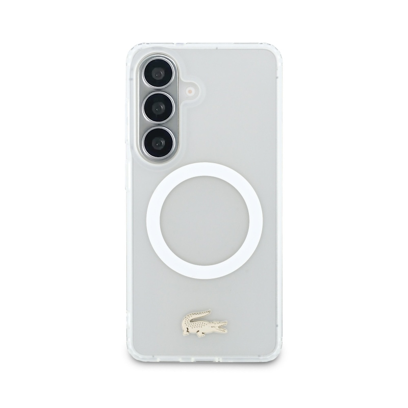Lacoste PC/TPU matný povrch Gold Logo magnetický zadný kryt pre Samsung Galaxy S26 White