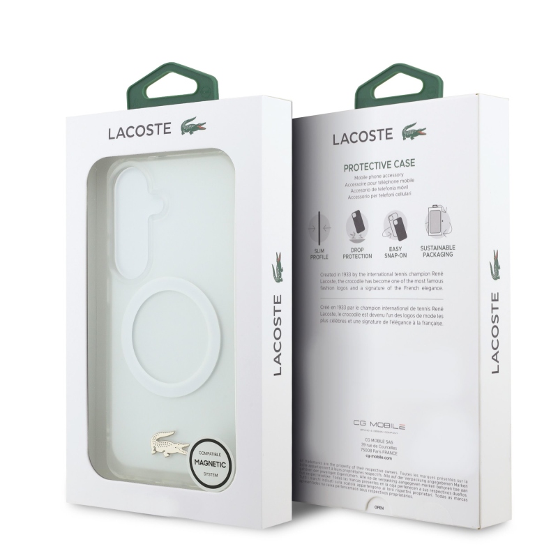 Lacoste PC/TPU matný povrch Gold Logo magnetický zadný kryt pre Samsung Galaxy S26 White
