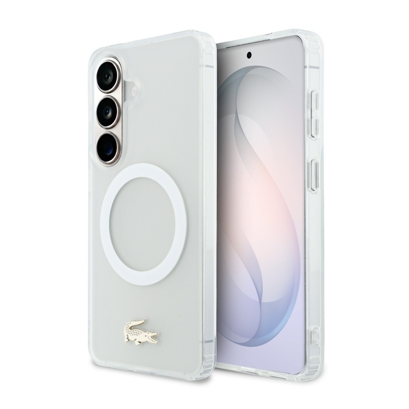 Lacoste PC/TPU matný povrch Gold Logo magnetický zadný kryt pre Samsung Galaxy S26 White