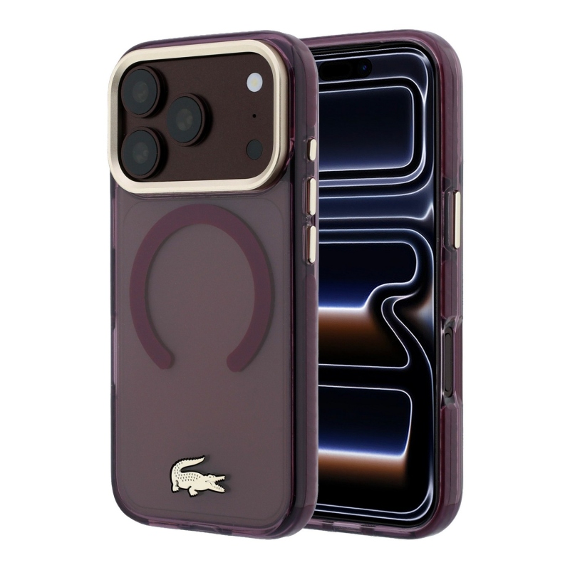 Lacoste PC/TPU zadný kryt s matným povrchom a zlatým logom MagSafe pre iPhone 18 Pro, farba Burgundy