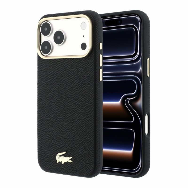 Lacoste PU kožený kryt Champs-Élysées so zlatým logom a MagSafe pre iPhone 18 Pro, čierny