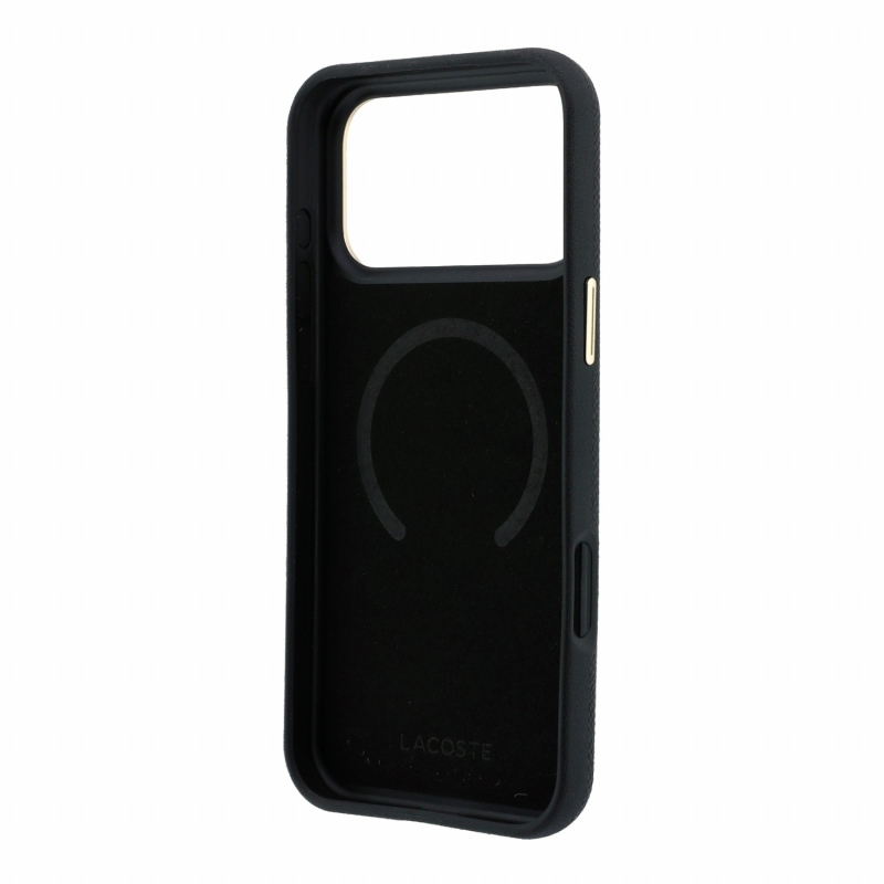 Lacoste PU kožený kryt Champs-Élysées so zlatým logom a MagSafe pre iPhone 18 Pro Max, čierny