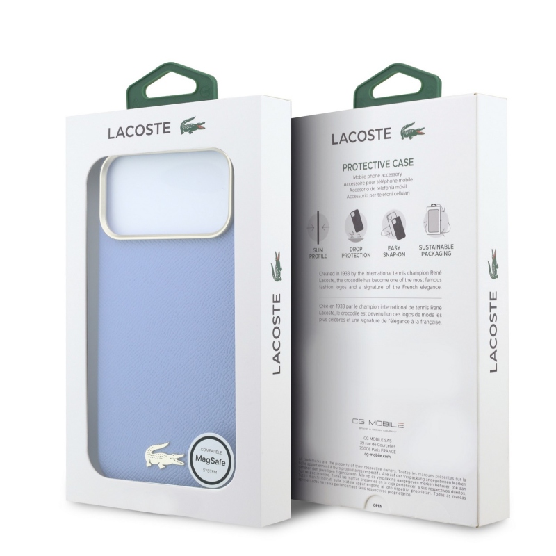 Lacoste PU kožený kryt Champs-Élysées so zlatým logom a MagSafe pre iPhone 18 Pro Max, modrý